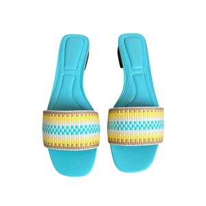 Vince Camuto Cheleahs Marfa Multi Woven Square Toe Slide Sandals Teal 8.5M